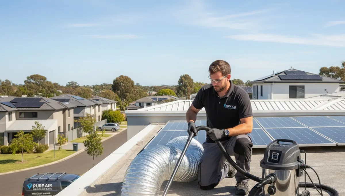 Technician cleaning dryer vent for home safety in Las Vegas, NV | Five Star Cooling
